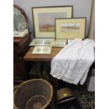 A mixed lot to include a copper coal scuttle, hunting scenes and other prints, a christening gown