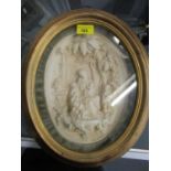 Late Victorian/early 20th century cast plaster relief oval plaque, depicting a woman with four