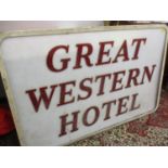A large Great Western Hotel sign (similar to lot 29) manufactured by Pearce, 56" x 36"