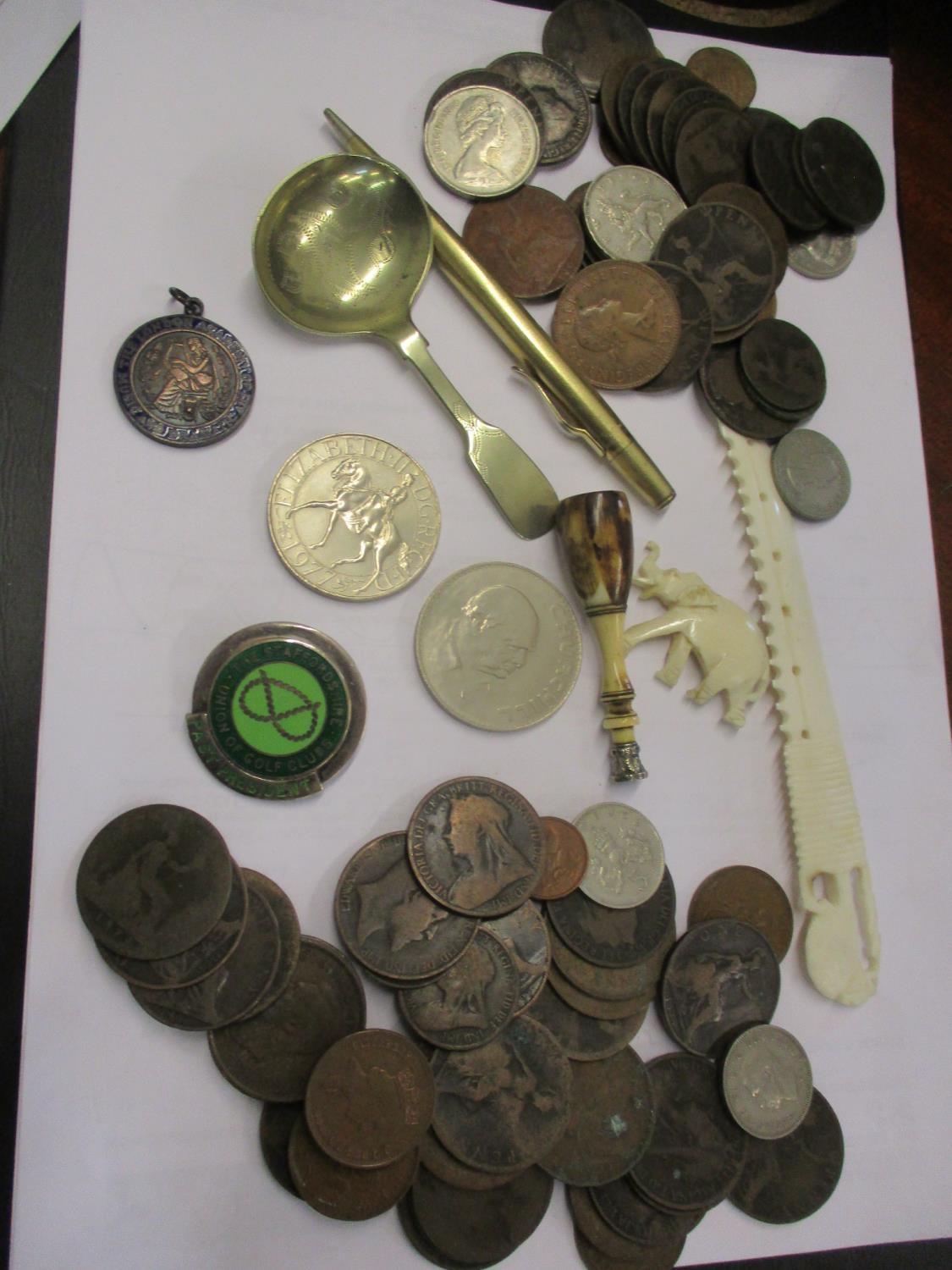 A mixed lot to include crowns, ivory items, a Staffordshire Union Golf Club Past President badge,