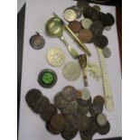 A mixed lot to include crowns, ivory items, a Staffordshire Union Golf Club Past President badge,