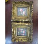 A pair of floral still life paintings, oil on board 5" x 5", glazed gilt frames