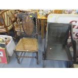 A 1920s oak cross framed stretcher chair, together with a barley twist framed can chair