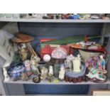 Mixed Oriental items, mainly Japanese, to include a green parasol, three prints, resin netsukes,
