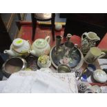 A mixed lot to include an oriental tray, mixed metalware and china and two framed prints of fruit