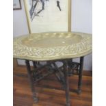 A Persian brass tray table, folding treen stand, A/F