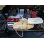 A quantity of fashion handbags and clutch bags to include DKNY, Jane Shilton, Furla, Widegate London