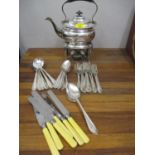 Silver plate to include a spirit kettle and a canteen of flatware, together with stainless steel