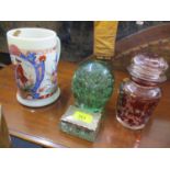 A Victorian green glass dup weight, a bottle with stopper, a silver topped glass box and an early