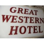 A large Great Western Hotel sign manufactured by Pearce, 56 x 36'