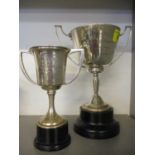 Two silver twin handled trophy cups, 248g, on stands