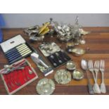 Mixed silver plate to include a three piece teaset and bean spoons
