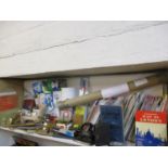 Vintage maps, desk related items, Halogen and other boxed lightbulbs, Retro postcards, a Routledge