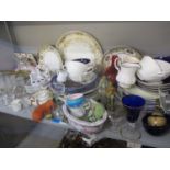 Mixed vintage china and glass to include mixed sherry glasses, a cranberry decanter A/F, and an