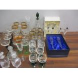 Four Royal Doulton wine glasses, boxed glassware, three decanters and mixed domestic glass