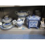 A quantity of blue and white china to include oriental exports and a Johnson Brothers coaching scene