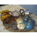 A small quantity of silver plate to include a tea set together with a copper tray and glassware
