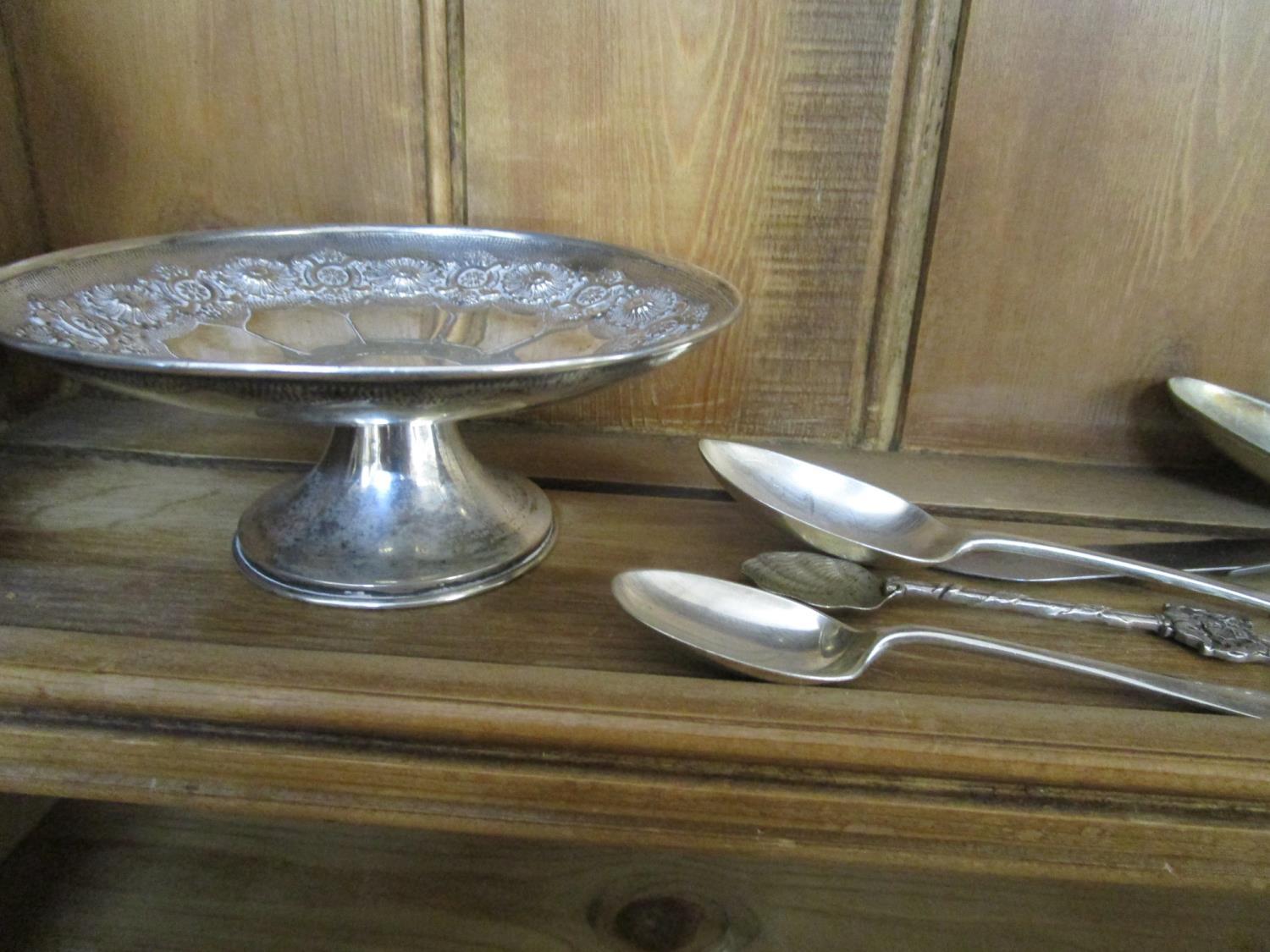 A mixed lot of silver and silver plate to include a continental footed tazza with cast patera and - Image 2 of 5