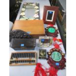 A miscellaneous lot to include an empty cutlery box, floral framed wall mirror, two modern