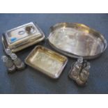 Silver plate to include two cruet sets A/F, a tray and an entrée dish A/F