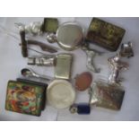 A mixed lot to include a Russian lacquered box, mother of pearl inlaid pill box, vesta case, scent