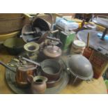 A selection of metalware to include Victorian copper pans, coal bucket, kettle and four vintage tins