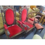 Two Victorian oak carved Carolean style armchairs, together with a Victorian balloon back and two