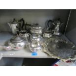 A mixed lot of silver plate to include The Alex Clark Company three piece tea set