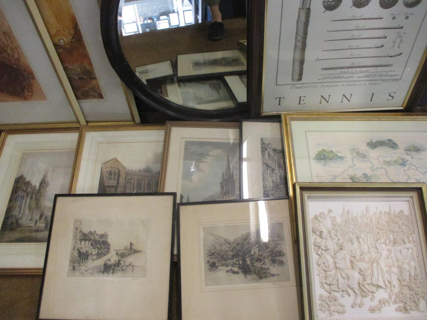 Pictures to include etchings of Devon, Oxford colleges and others along with a mirror and - Image 2 of 3