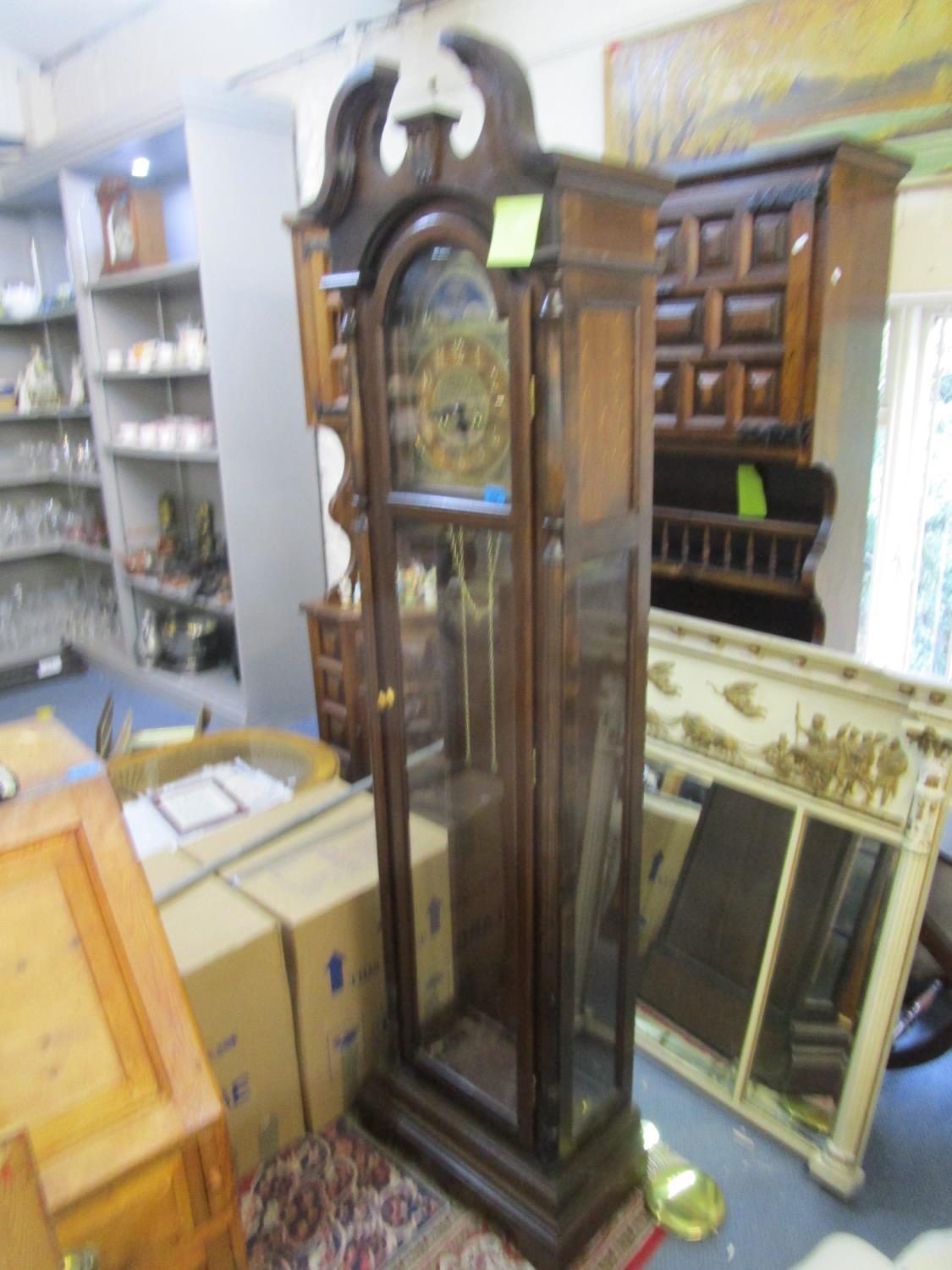 A reproduction long case clock with broken swan neck pediment, turned finial, brass arched dial, - Image 3 of 4