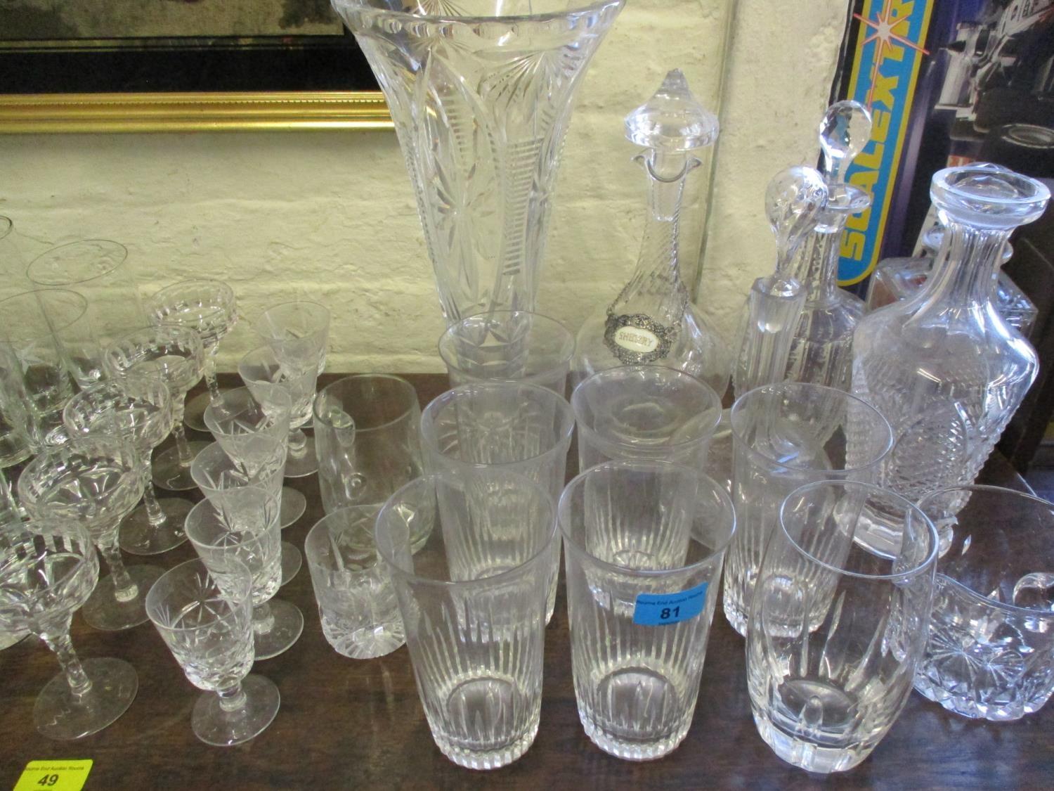 Mixed decanters with stoppers, a cut glass vase, water glasses and mixed 20th century glass to - Image 3 of 4