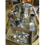 A mixed lot of Old Sheffield plate and silver plate to include hip flasks, cocktail shakers, one