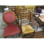 Mixed chairs to include a Victorian walnut carved salon chair, two kidney shaped chairs and four oak