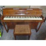 An Art Deco Minx miniature walnut upright piano with foot stool, 35"h x 51 1/2"w