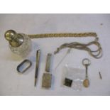 A silver topped scent bottle, a silver vesta case and other small silver items and costume jewellery