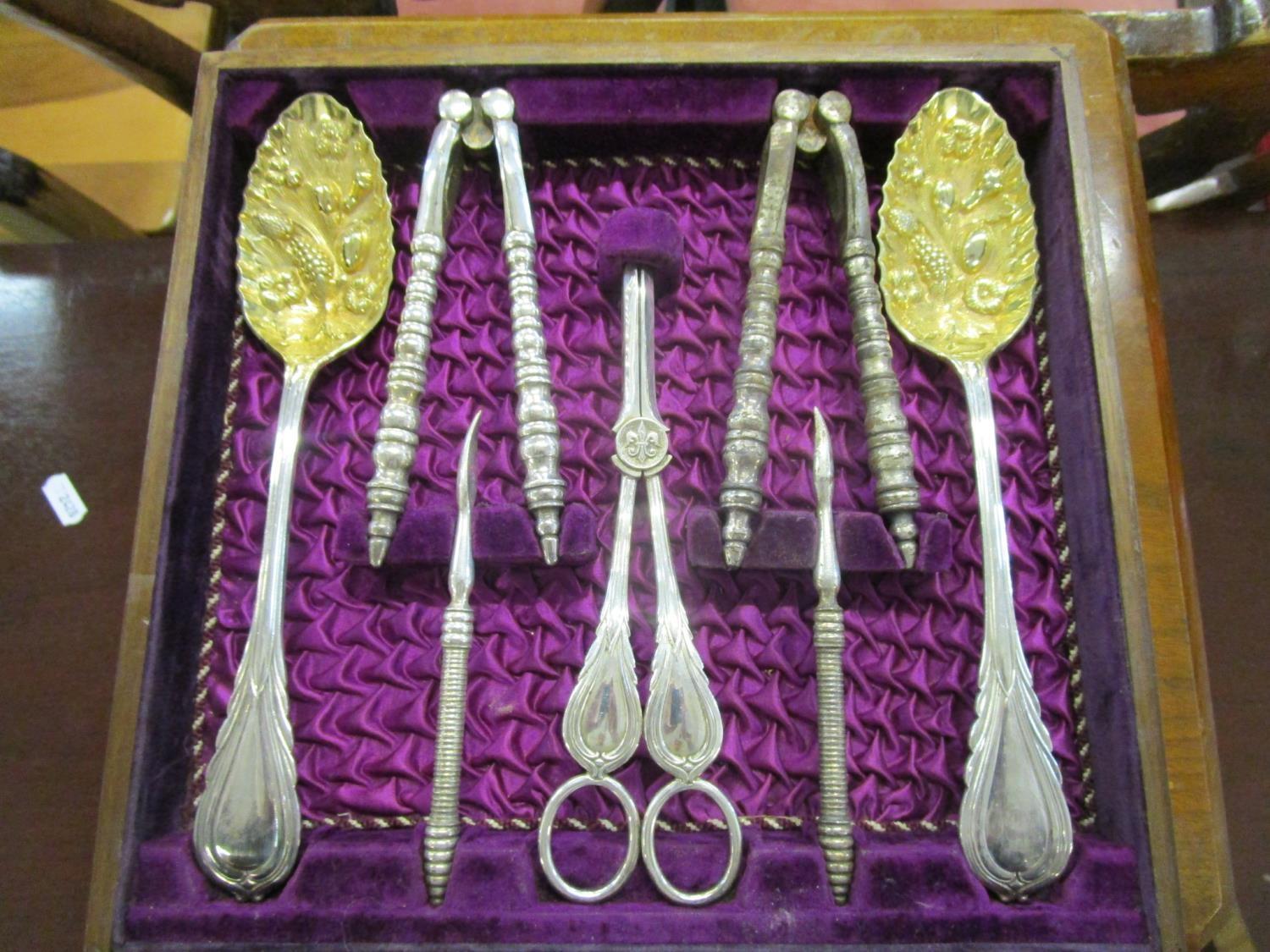 A Victorian walnut cased canteen of silver plated cutlery, three drawers containing a front set with - Image 2 of 7