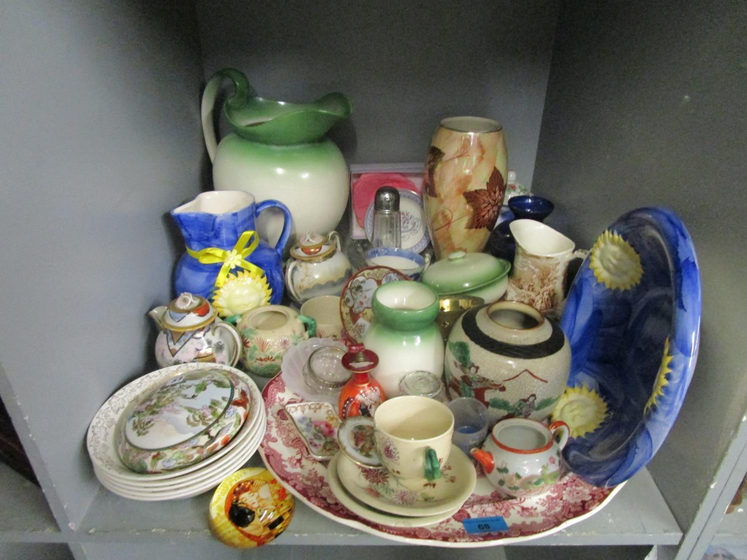 A mixed lot of ceramics and glassware to include a Chinese jar and wash bowl and jug set