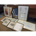 Pictures to include etchings of Devon, Oxford colleges and others along with a mirror and