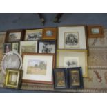 A quantity of mixed prints, three mounted plaques and a fabric and lace picture together with a