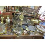 Mixed metalware to include a copper letter rack, a brass crumb tray, a pair of brass carriage