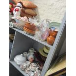 A large mixed lot comprising vintage Poole green glazed dinner ware, scatter cushions, pottery,