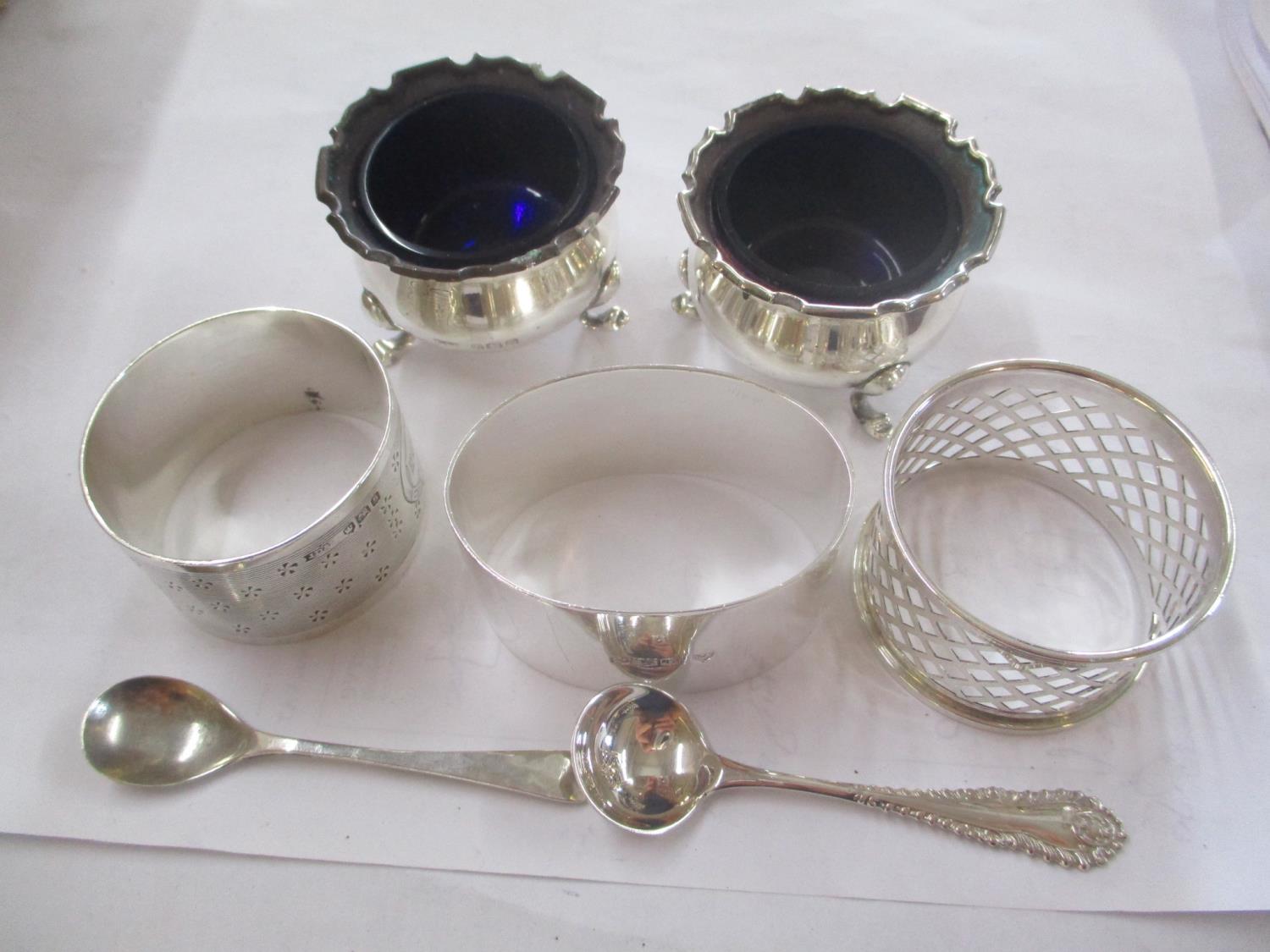 Two early 20th century silver salts, together with three napkin rings