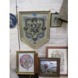 A Framed needlepoint face screen and other pictures