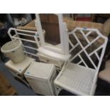 A selection of white furniture to include a towel rail, Lloyd loom furniture, a dressing table swing