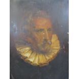 A 19th century overpainted print on board of a gent with a ruffled collar, unframed