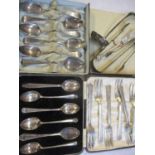 Two sets of six silver teaspoons and other silver items of cutlery and flatware, total weight 434g