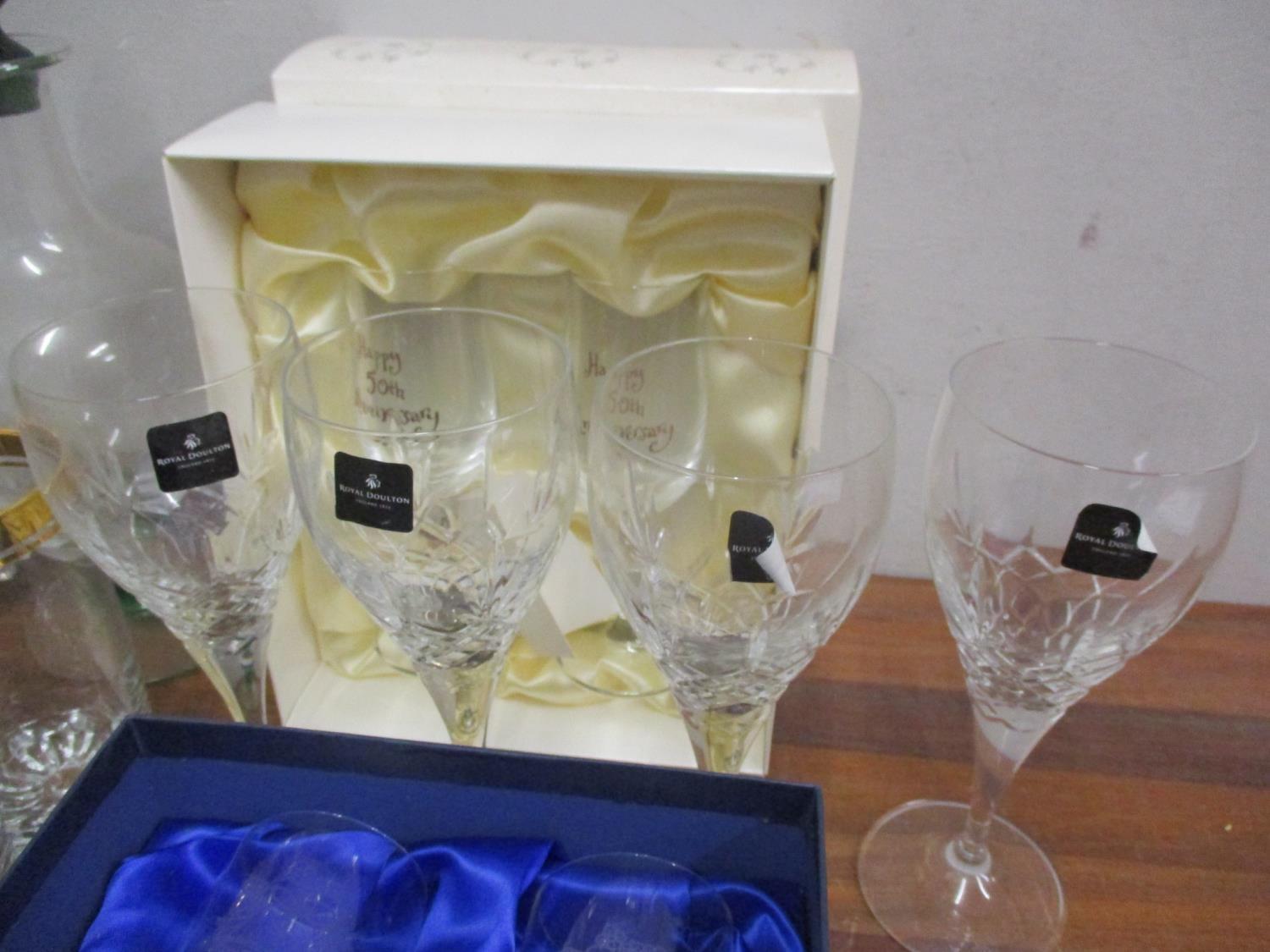 Four Royal Doulton wine glasses, boxed glassware, three decanters and mixed domestic glass - Image 2 of 2