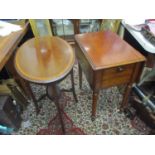 A Victorian mahogany work table with twin fall flaps, two end drawers and fall front, on turned legs