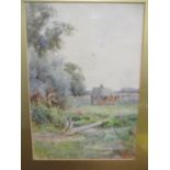 C Kipling - a harvest scene with a hay laden horse and cart in a field, watercolour signed lower