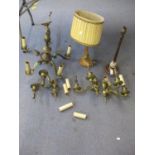 Mid to late 20th century lighting to include two treen table lamps, brass side lights and a brass